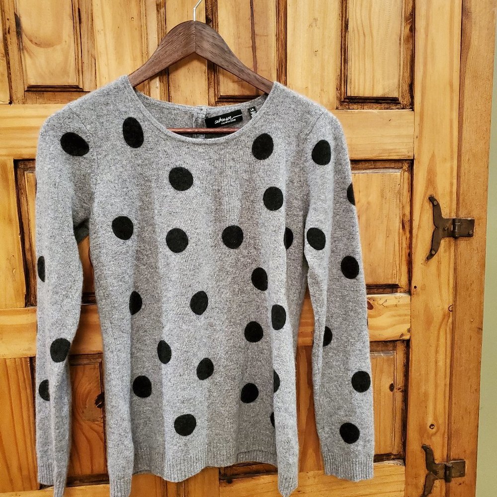 Flaw-Pure Cashmere Sak Fifth Avenue  Sweater Gray Black Polka Dots Large